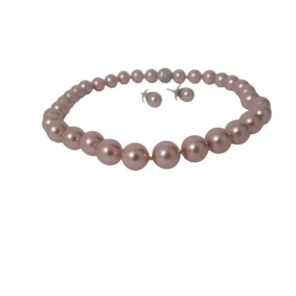 Pink pearl necklace choker and earrings rhinestone clasp - Picture 3 of 7